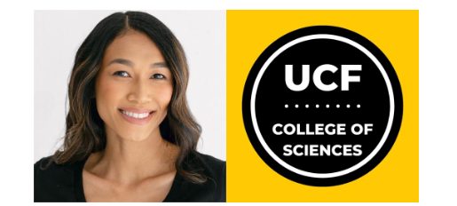 A woman smiling in a headshot next to a circular UCF College of Sciences logo on a yellow background.